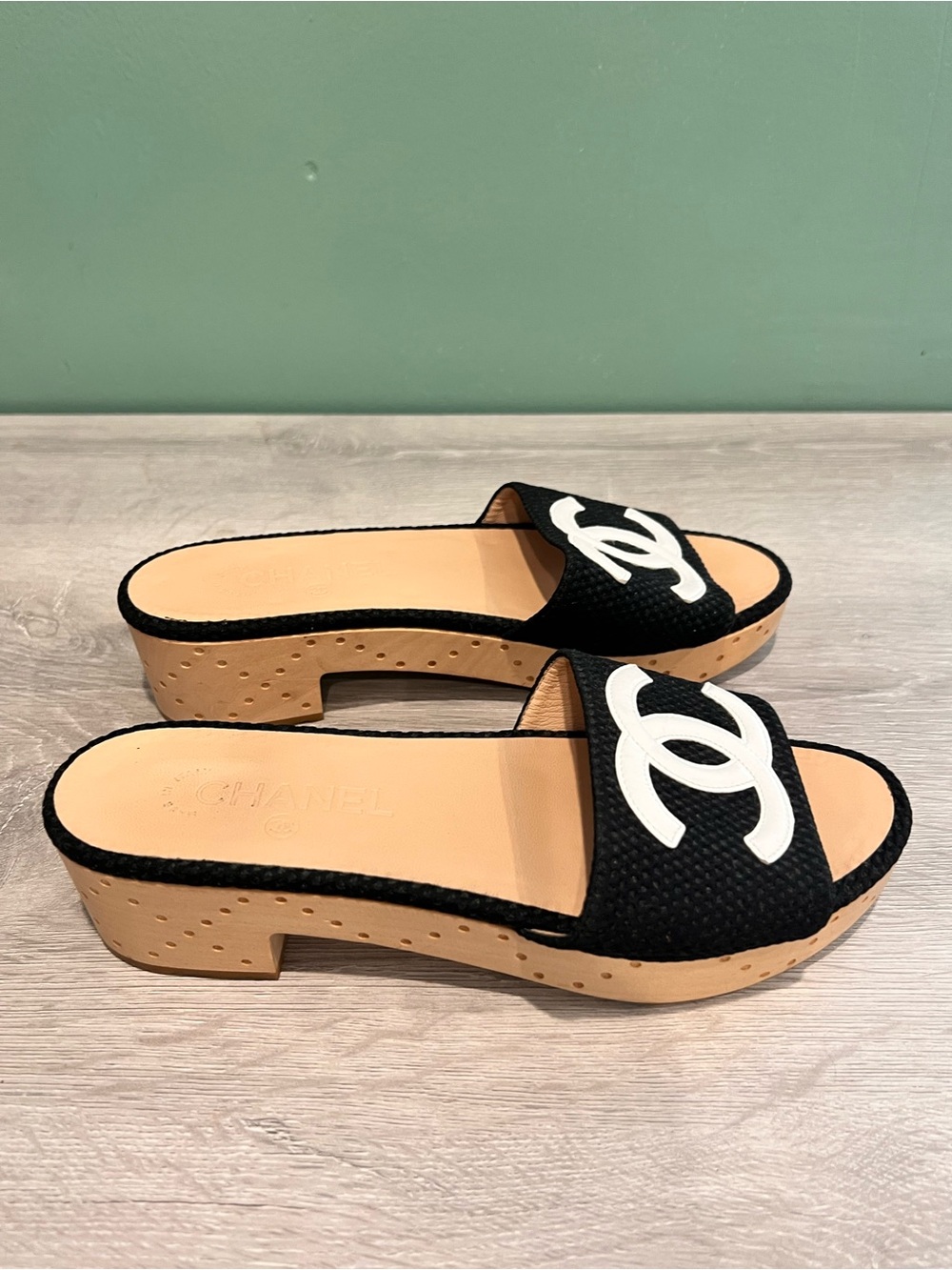 CHANEL Black Slide Mule with White CC Accent Wood Platform Clogs
